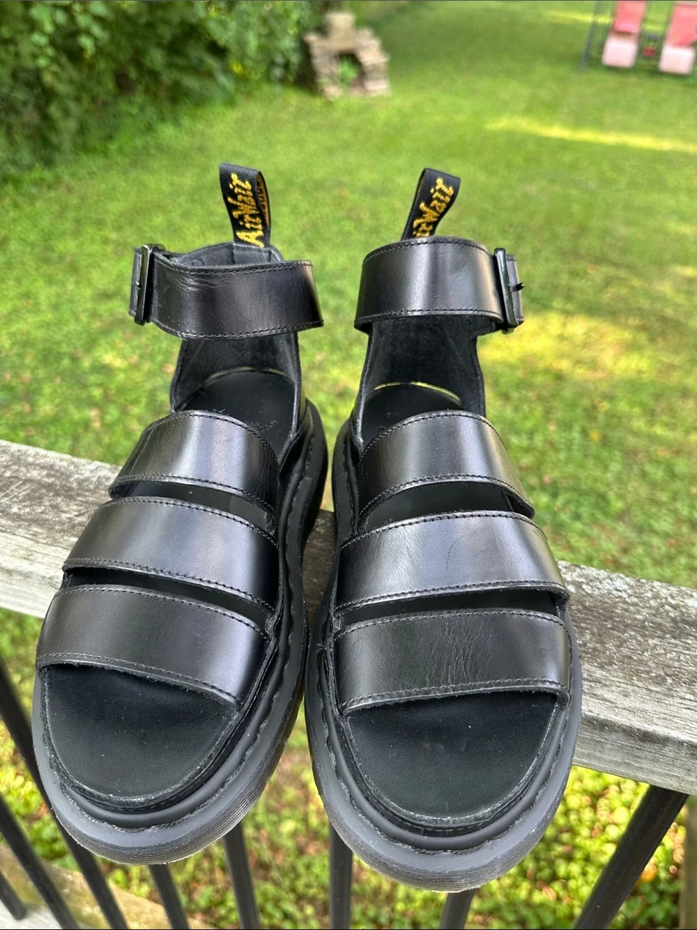 Dr. Martens Clarissa II Black Leather Triple-Strap Platform Gladiator Sandals 6